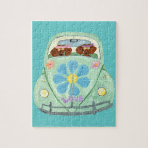 Puzzle Hippies Dachshund En Su Coche Del Amor Floral