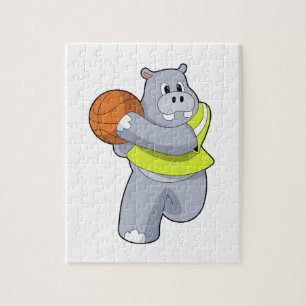 Puzzle Hippo como jugador de baloncesto con baloncesto.PN