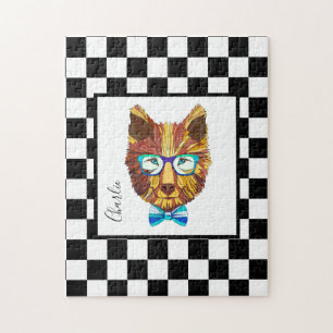 Puzzle Hipster Bear on B&W Checkerboard, personalizado