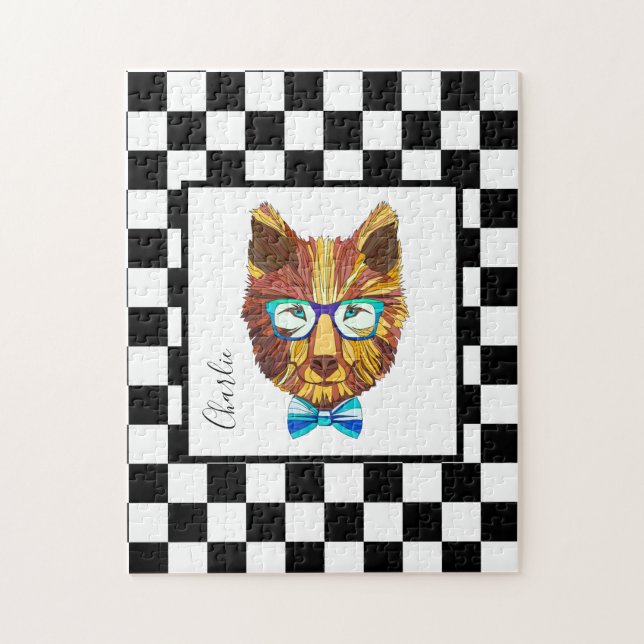 Puzzle Hipster Bear on B&W Checkerboard, personalizado (Vertical)
