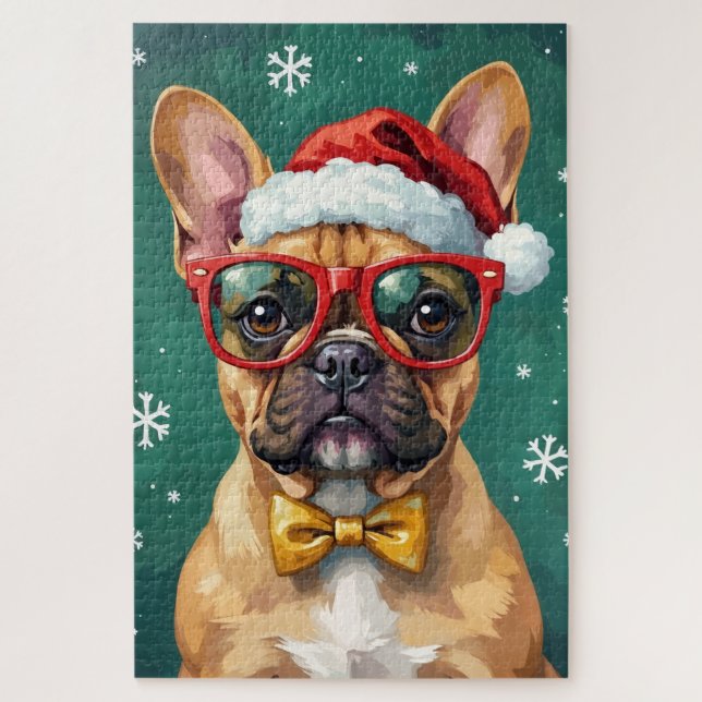 Puzzle Hipster French Bulldog Santa Glasses Modern  (Vertical)