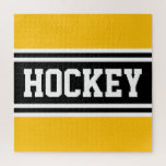 Puzzle HOCKEY Rayas de Carreras blanca amarilla y brillan<br><div class="desc">Este divertido diseño atlético presenta texto en negrita de HOCKEY dentro de bandas de carreras en blanco y negro contra fondo amarillo brillante. Los colores y el texto de este diseño se pueden personalizar.</div>