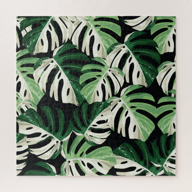 Puzzle Hoja de Monstera Patrón Negro Exótico (Vertical)