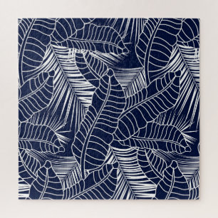 Puzzle Hoja tropical, fondo azul marino