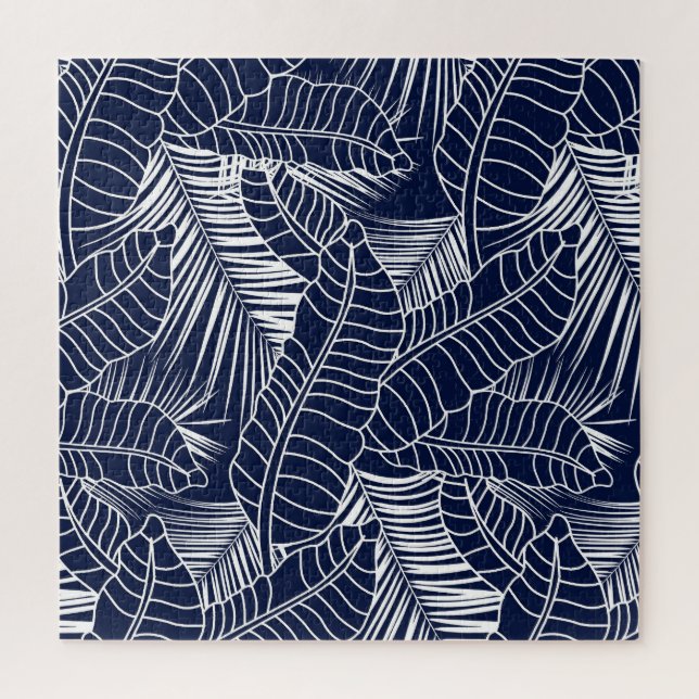 Puzzle Hoja tropical, fondo azul marino (Vertical)
