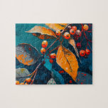 Puzzle Hojas de bosque de otoño pintadas. Arte follórico<br><div class="desc">Hojas de bosque de otoño y rompecabezas de arándanos de rowan. Resumen de la naturaleza moderna del otoño con aceite pintado en colores naranjas rojos azules.</div>