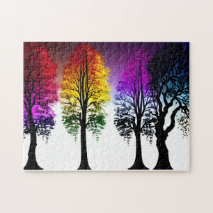 Puzzle Hojas de colores otoñales en árboles de silueta ne