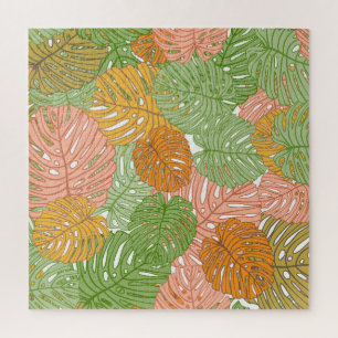 Puzzle Hojas de monstera tropical, coloridas y sin costur