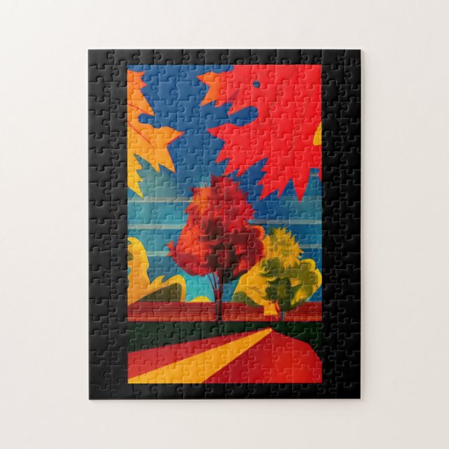 Puzzle Hojas de otoño y árboles retro estilo postal arte (Vertical)