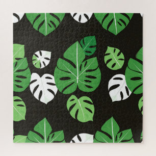 Puzzle Hojas Tropicales de Monstera en Fondo Negro 