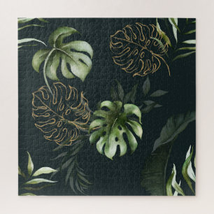 Puzzle Hojas tropicales de oro: acuarela oscura