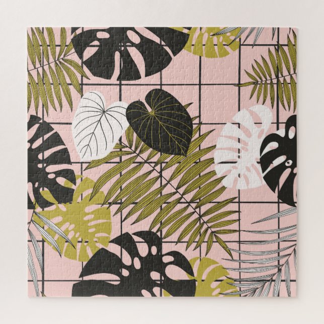 Puzzle Hojas tropicales, flores, patrón pintado a mano. (Vertical)