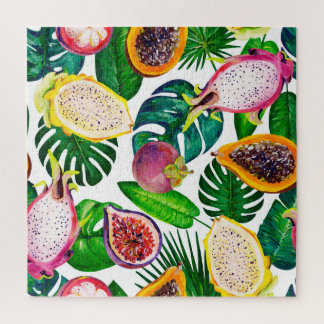 Puzzle Hojas tropicales, frutas, gouache sin costura.