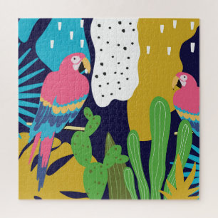 Puzzle Hojas tropicales, loros: fondo de verano.