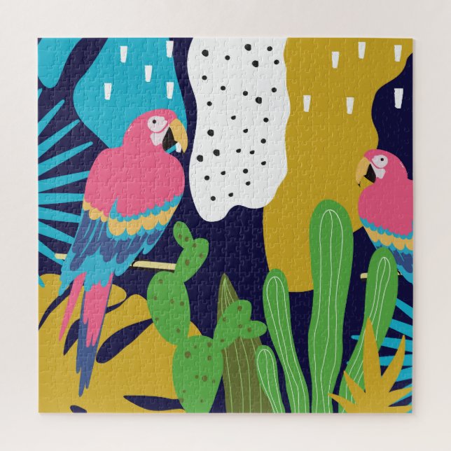 Puzzle Hojas tropicales, loros: fondo de verano. (Vertical)