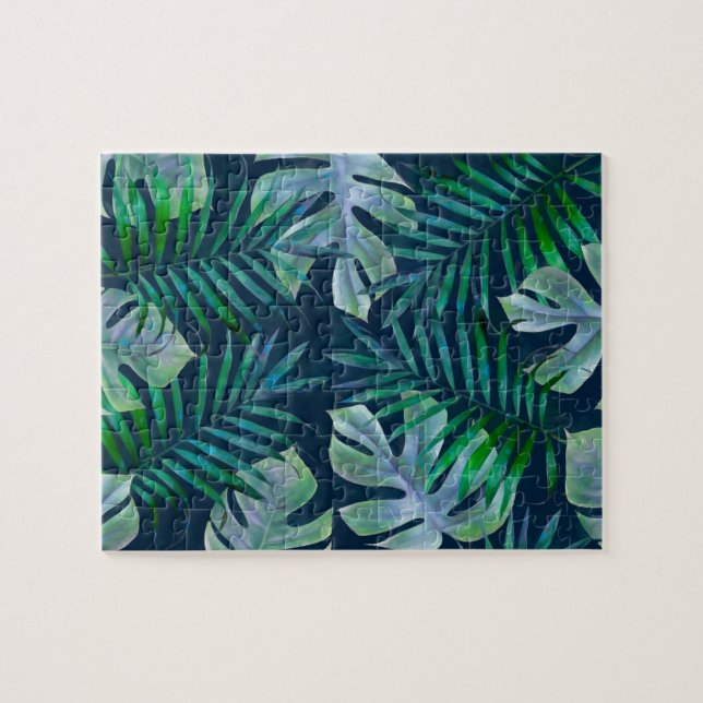 Puzzle Hojas tropicales verdes nocturnas (Horizontal)
