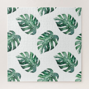 Puzzle Hojas tropicales verdes, patrón de acuarela