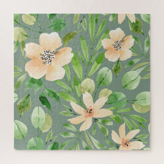 Puzzle Hojas verdes, Flores rosas: acuarela.