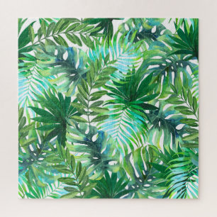 Puzzle Hojas verdes tropicales, acuarela sin foco.