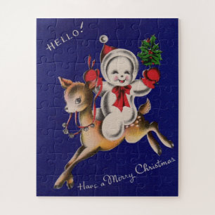 Puzzle ¡Hola! Feliz Navidad muñeco de nieve en reno
