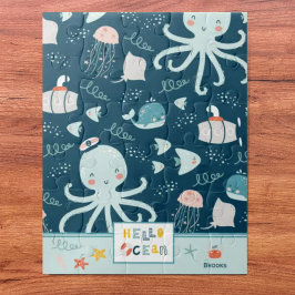 Puzzle Hola Octopus oceánico y Fish Nautical Blue Kid