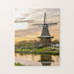 Puzzle Holanda Holanda Europa Wind Mills Lake Sunset
