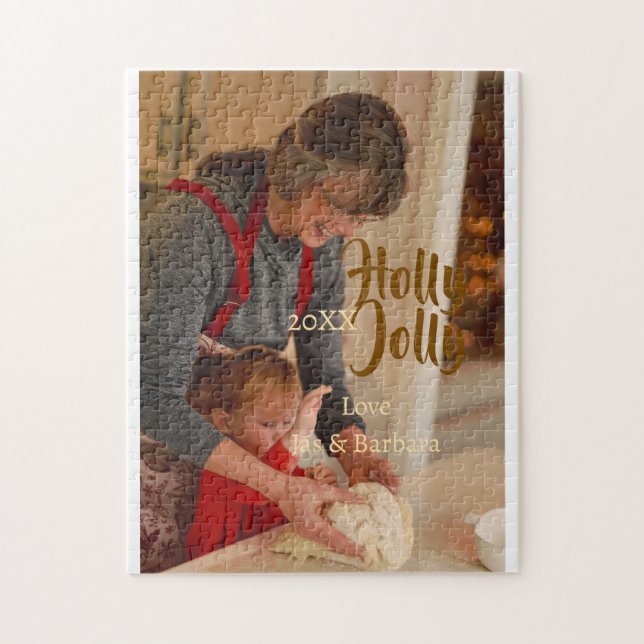 Puzzle Holly Jolly family holiday photo beige year naboho (Vertical)
