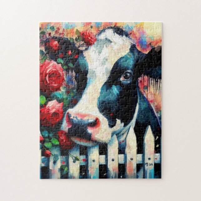 Puzzle Holstein Cow Picket Fence Red Roses Black Red (Vertical)