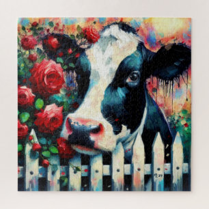 Puzzle Holstein Cow Picket Fence Red Roses Black Red