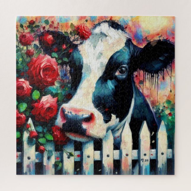 Puzzle Holstein Cow Picket Fence Red Roses Black Red (Vertical)