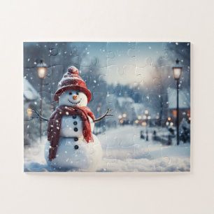 Puzzle Hombre de nieve en el pueblo. Escena de invierno.
