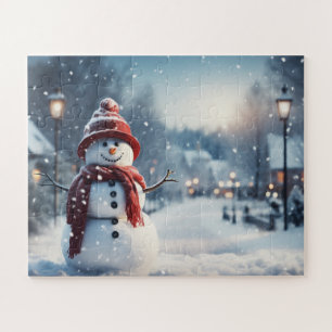 Puzzle Hombre de nieve en el pueblo. Escena de invierno.