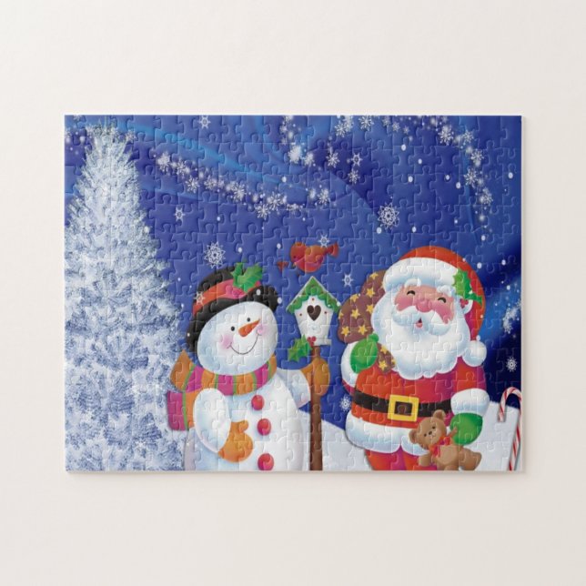 Puzzle Hombre de nieve sonriente y Santa Claus (Horizontal)