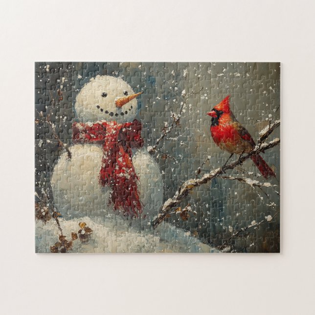 Puzzle Hombre de nieve y pintura al aceite del cardenal (Horizontal)