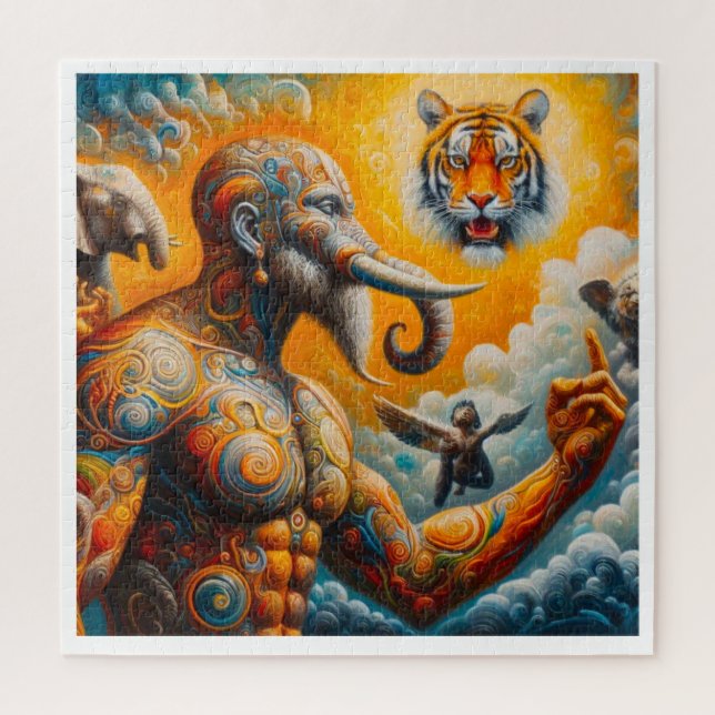 Puzzle hombre espiritual tigre elefante colorido (Vertical)