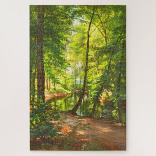 Puzzle Hombre pescando en la escena forestal en el barco