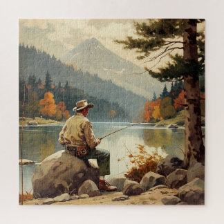 Puzzle Hombre pescando junto al lago