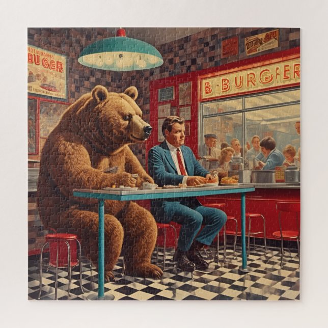 Puzzle Hombre y oso divertidos en retro diner (Vertical)