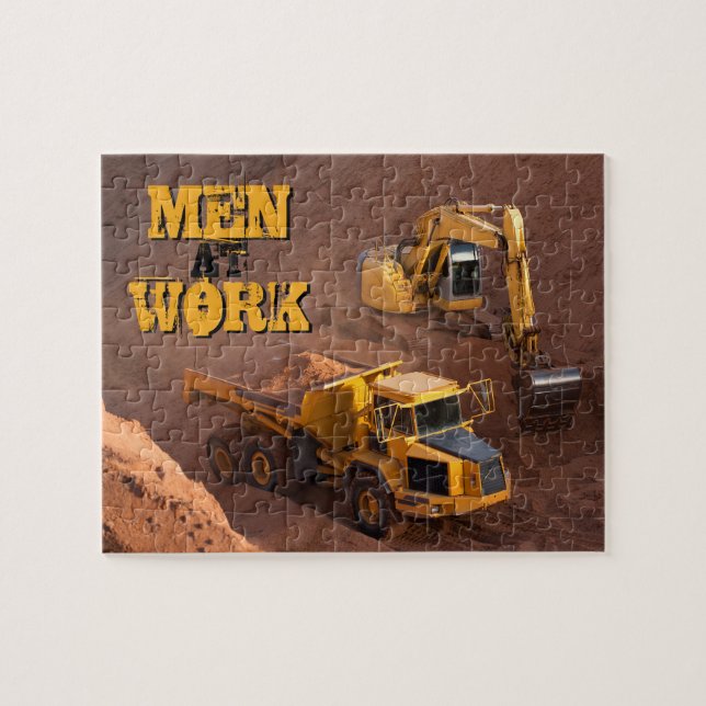 Puzzle Hombres en el trabajo excavan y tiran un camión (Horizontal)