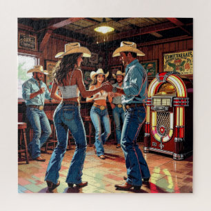 Puzzle Hombres y mujeres bailando en línea en un bar