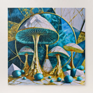 Puzzle Hongos en mármol azul turquesa dorado blanco surre