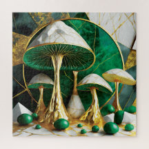 Hongos en surrealismo geométrico verde y dorado