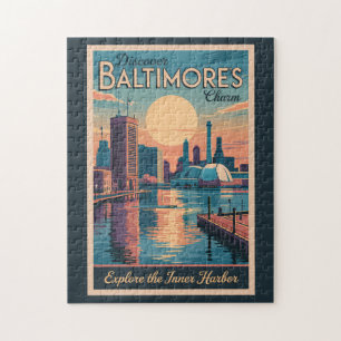 Puzzle Horizonte de Baltimore Maryland Arte de viaje Vint