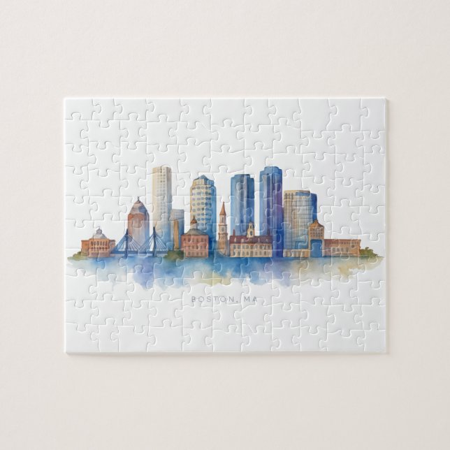 Puzzle Horizonte de Boston en Acuarela | Moderno Boston M (Horizontal)