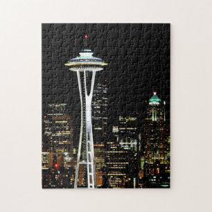 Puzzle Horizonte de Seattle en la noche, con la aguja del