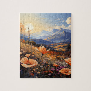 Puzzle Horizonte dorado: Campo de flores silvestres y mon