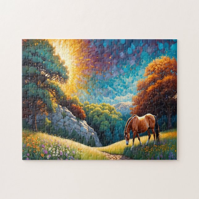 Puzzle Horse and Flowers in a colorful meadow (Horizontal)