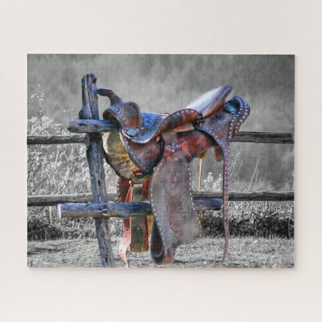Puzzle Horse Saddle On Corral Fence Western (Horizontal)