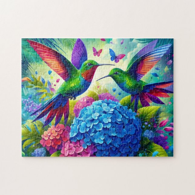 Puzzle Hortensia con par de colibríes (Horizontal)