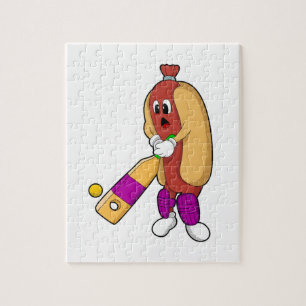 Puzzle Hotdog en Cricket con bate de críquet